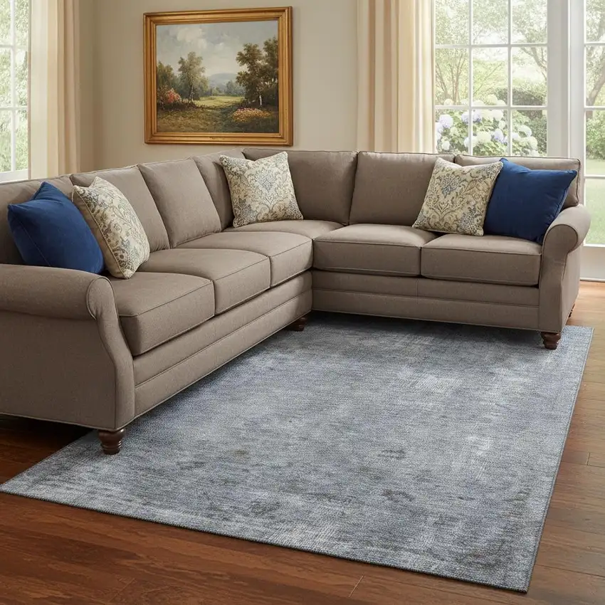 Blue And Gray Abstract Washable Area Rug With UV Protection Photo 2