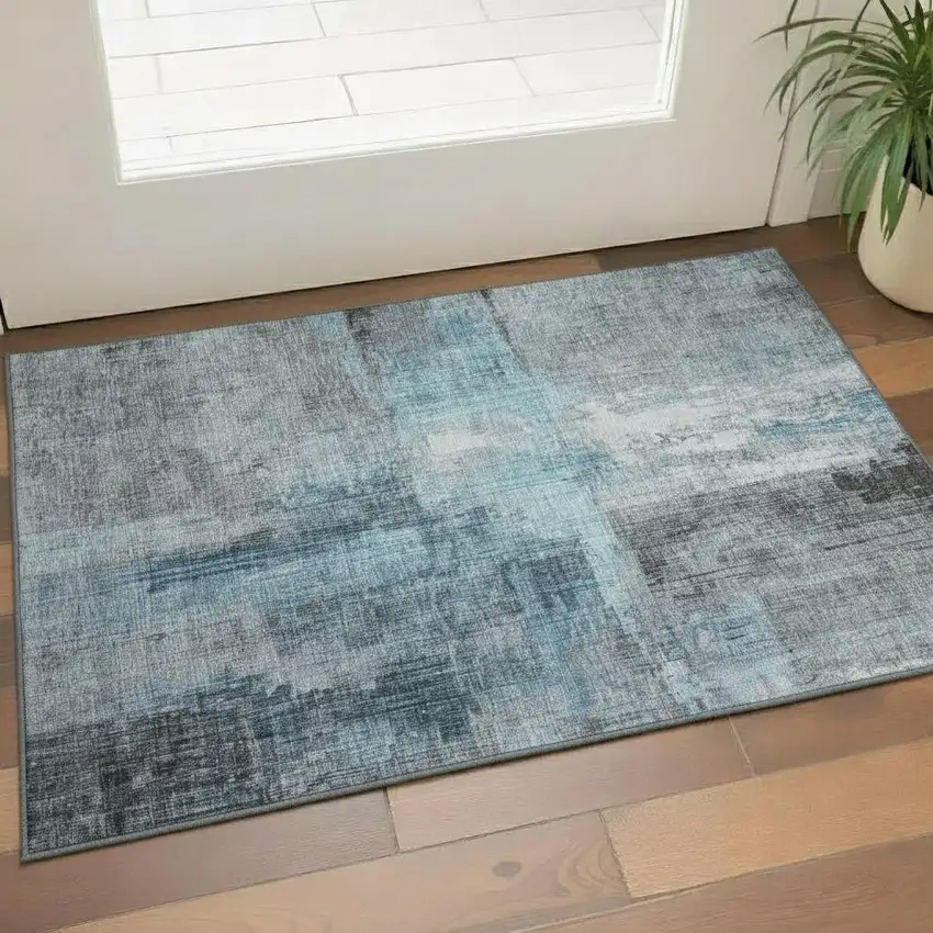 Blue And Gray Abstract Washable Area Rug With UV Protection Photo 2