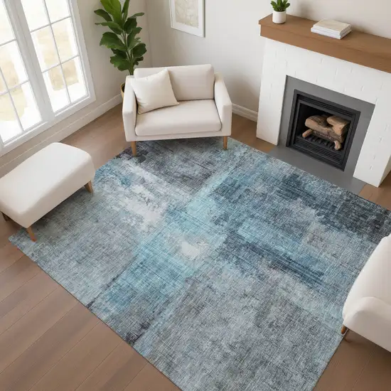 Blue And Gray Abstract Washable Area Rug With UV Protection Photo 4