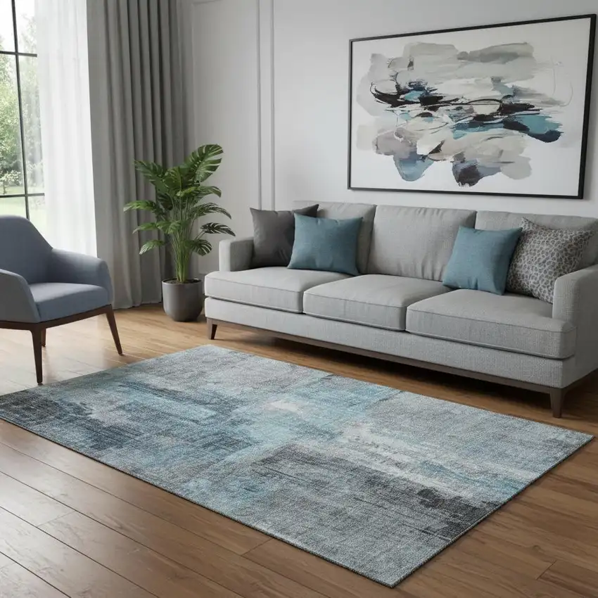 Blue And Gray Abstract Washable Area Rug With UV Protection Photo 2