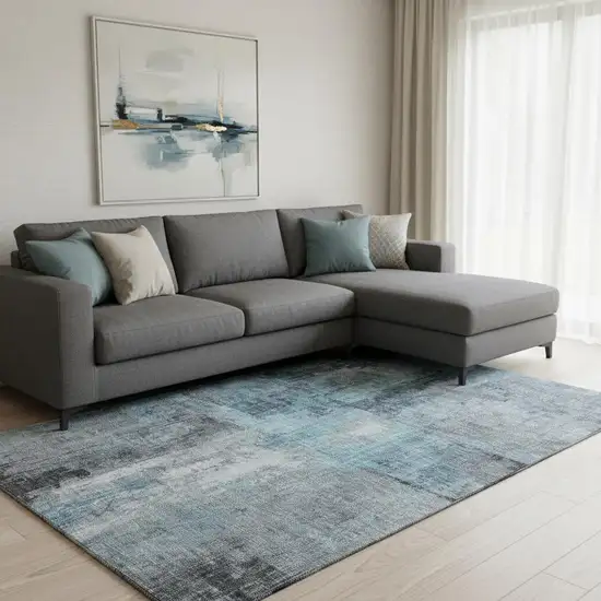 Blue And Gray Abstract Washable Area Rug With UV Protection Photo 2