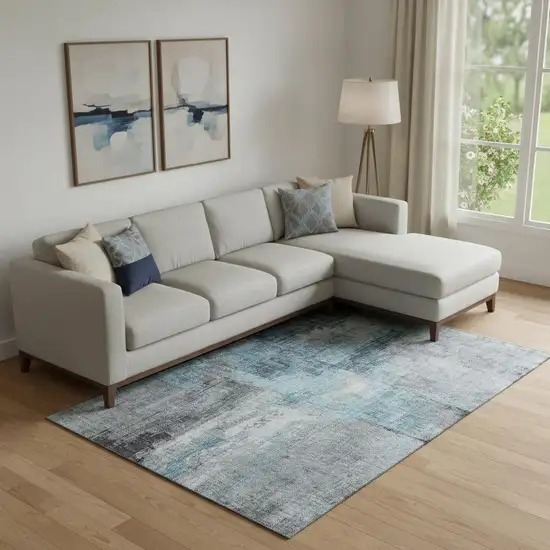 Blue And Gray Abstract Washable Area Rug With UV Protection Photo 2