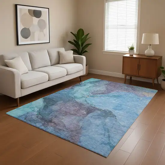 Blue And Gray Abstract Washable Area Rug With UV Protection Photo 4