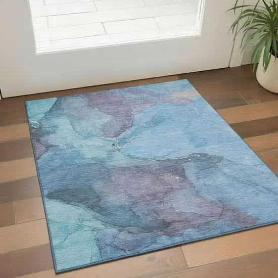 Blue And Gray Abstract Washable Area Rug With UV Protection Photo 2