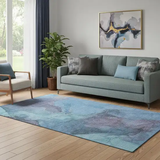 Blue And Gray Abstract Washable Area Rug With UV Protection Photo 2