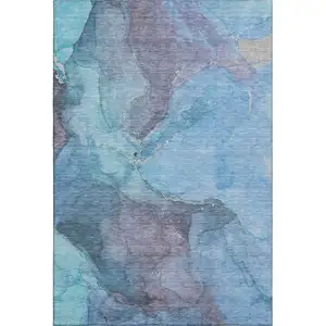 Photo of Blue And Gray Abstract Washable Area Rug With UV Protection
