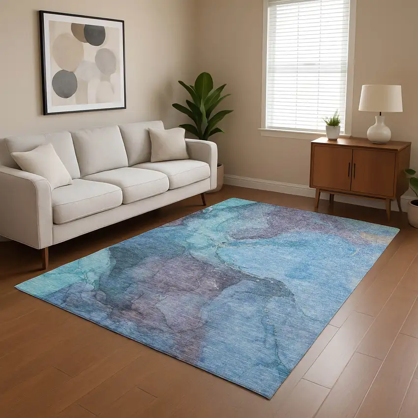 Blue And Gray Abstract Washable Area Rug With UV Protection Photo 5