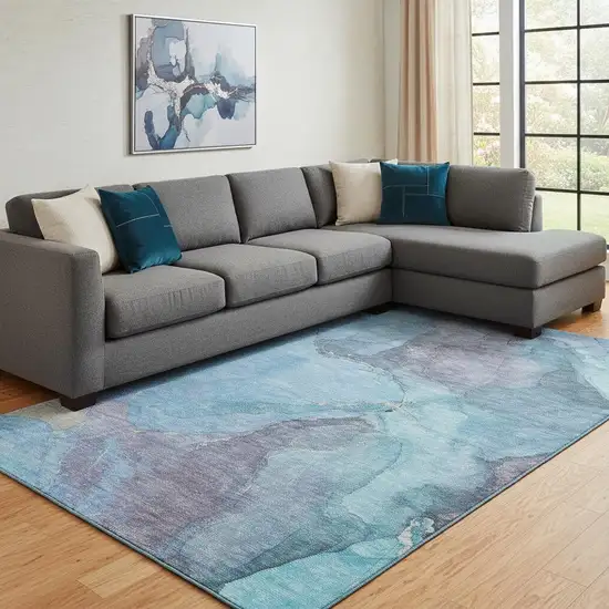 Blue And Gray Abstract Washable Area Rug With UV Protection Photo 2