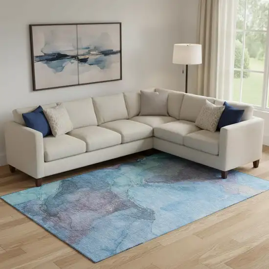 Blue And Gray Abstract Washable Area Rug With UV Protection Photo 2