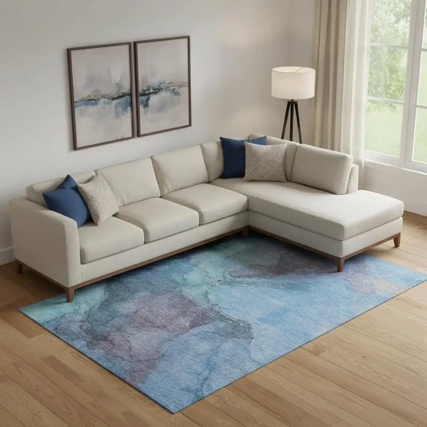 Blue And Gray Abstract Washable Area Rug With UV Protection Photo 2