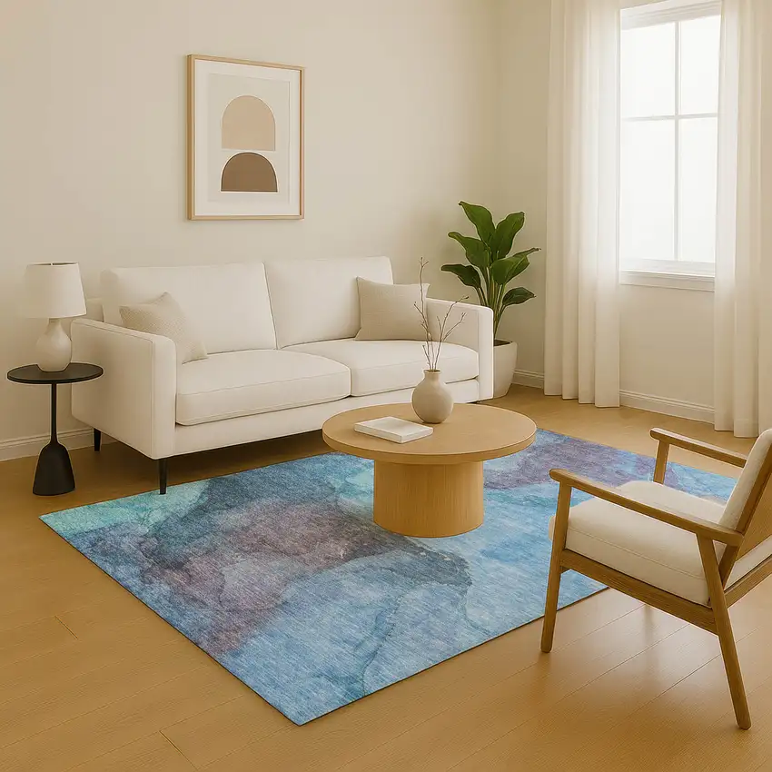 Blue And Gray Abstract Washable Area Rug With UV Protection Photo 5