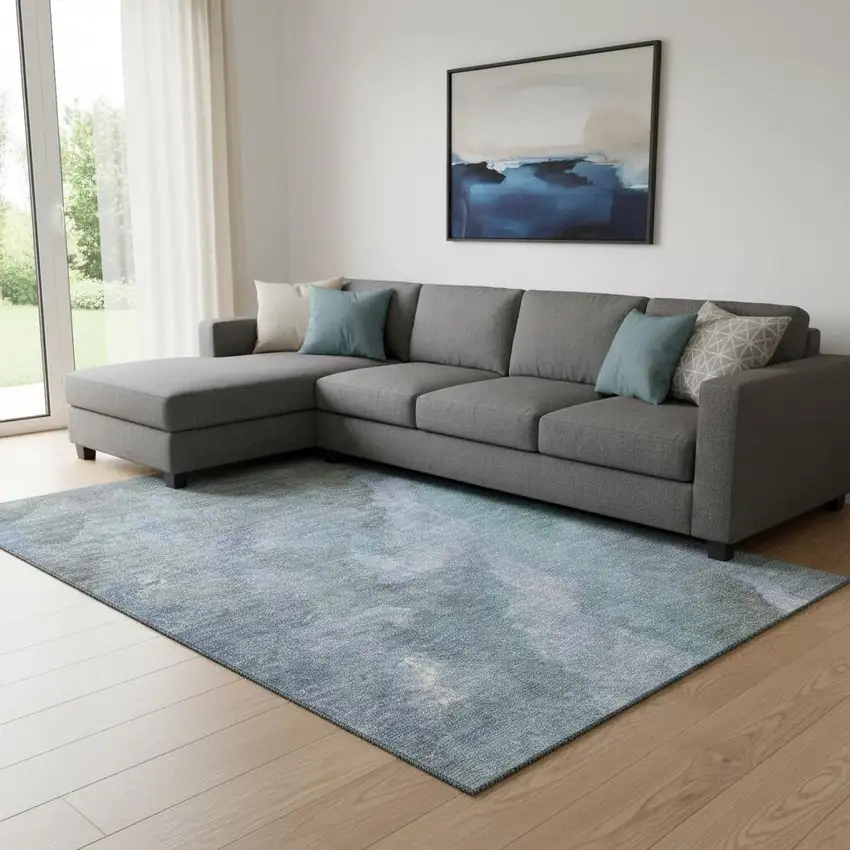 Blue And Gray Abstract Washable Area Rug With UV Protection Photo 2