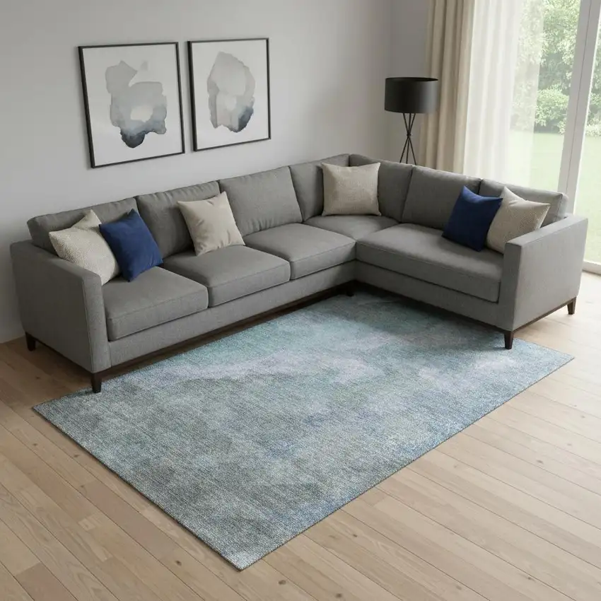 Blue And Gray Abstract Washable Area Rug With UV Protection Photo 2