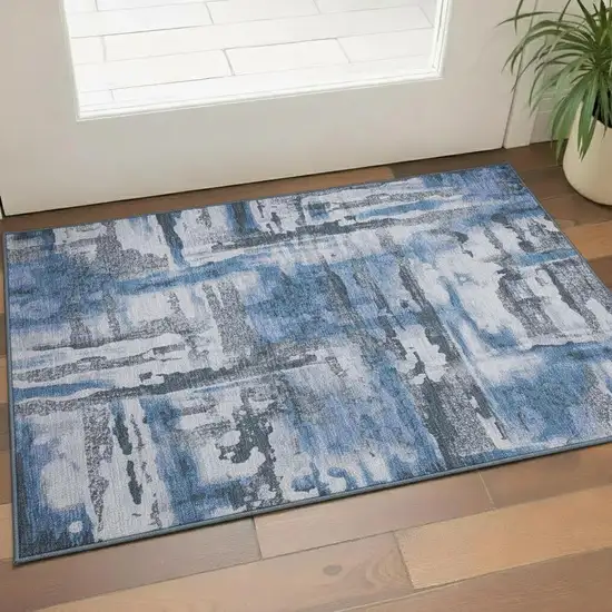Blue And Gray Abstract Washable Area Rug With UV Protection Photo 2