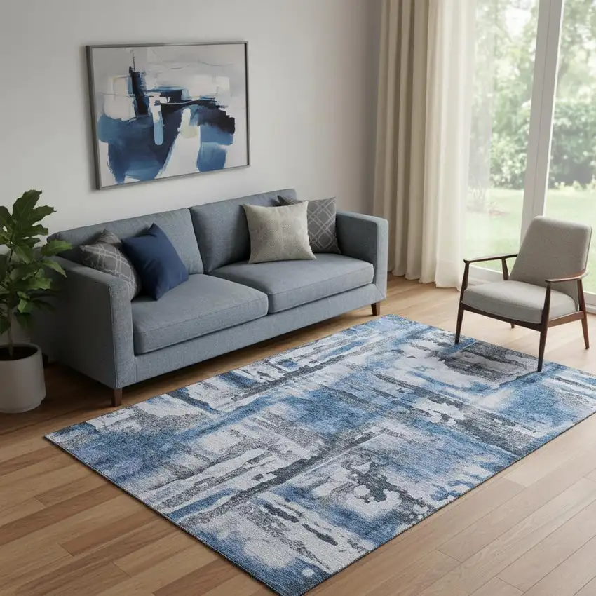 Blue And Gray Abstract Washable Area Rug With UV Protection Photo 2