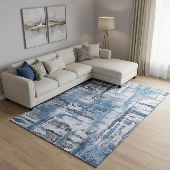 Blue And Gray Abstract Washable Area Rug With UV Protection Photo 2