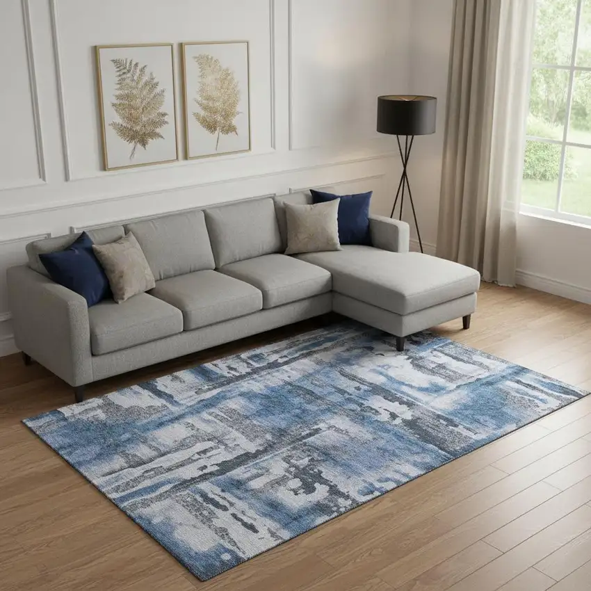 Blue And Gray Abstract Washable Area Rug With UV Protection Photo 2