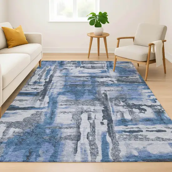 Blue And Gray Abstract Washable Area Rug With UV Protection Photo 6