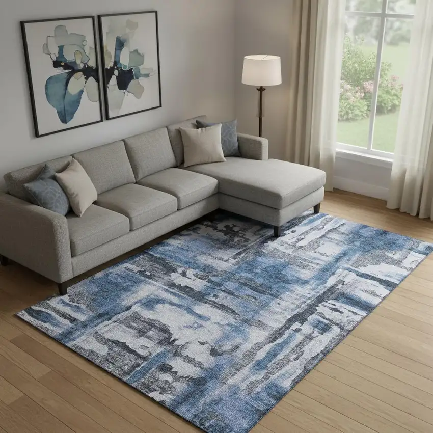 Blue And Gray Abstract Washable Area Rug With UV Protection Photo 2