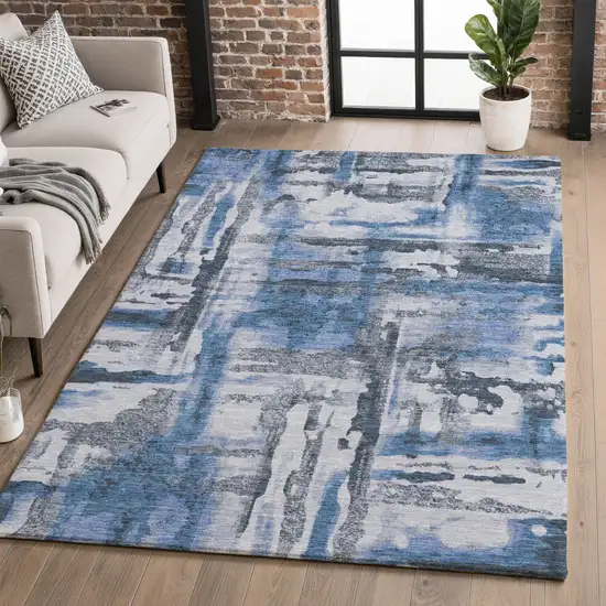 Blue And Gray Abstract Washable Area Rug With UV Protection Photo 5