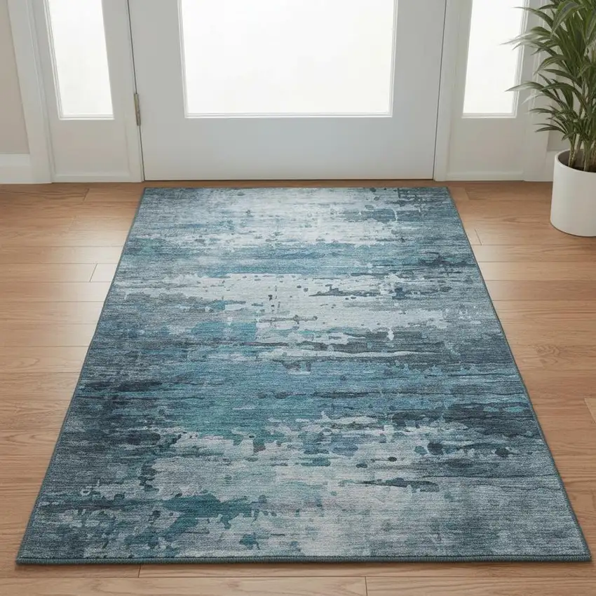 Blue And Gray Abstract Washable Area Rug With UV Protection Photo 2