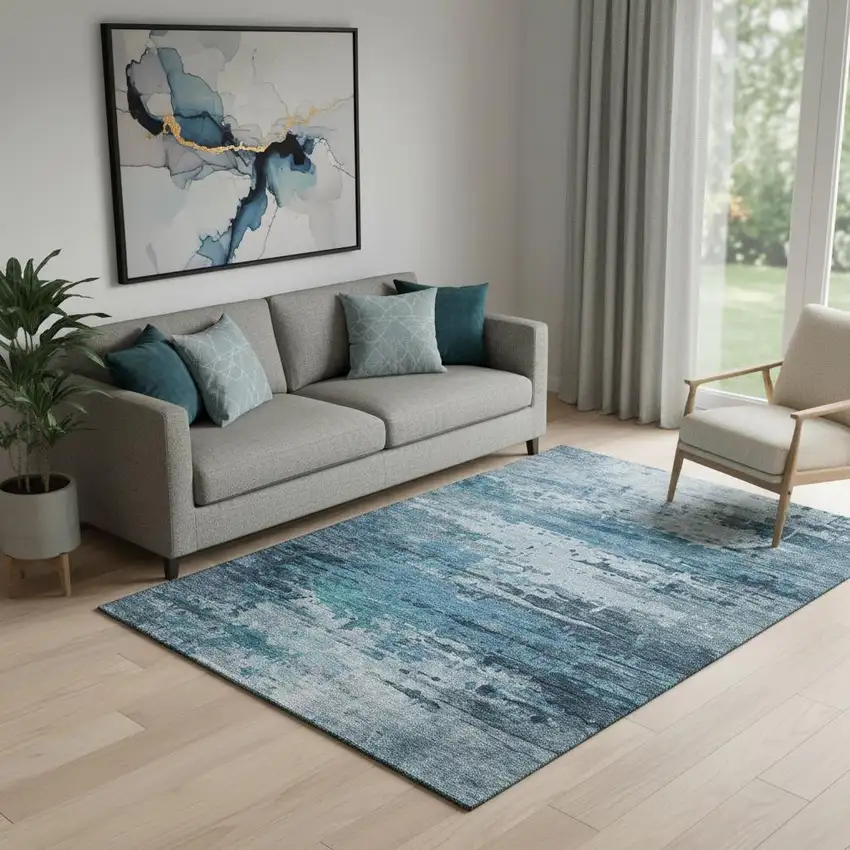 Blue And Gray Abstract Washable Area Rug With UV Protection Photo 2
