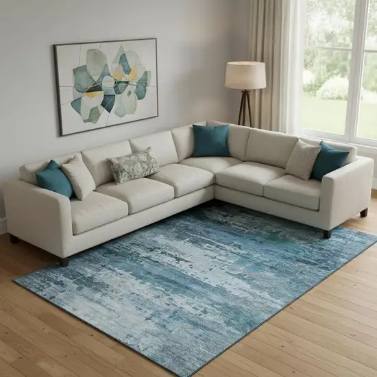 Blue And Gray Abstract Washable Area Rug With UV Protection Photo 2