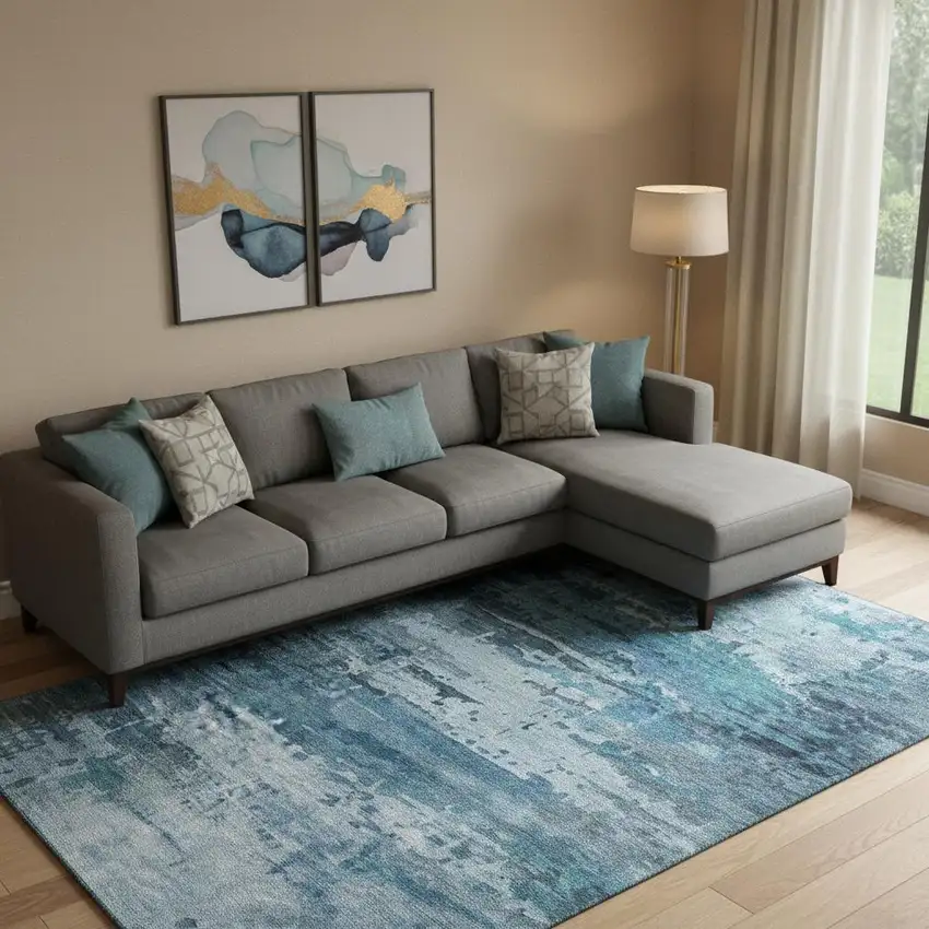 Blue And Gray Abstract Washable Area Rug With UV Protection Photo 2