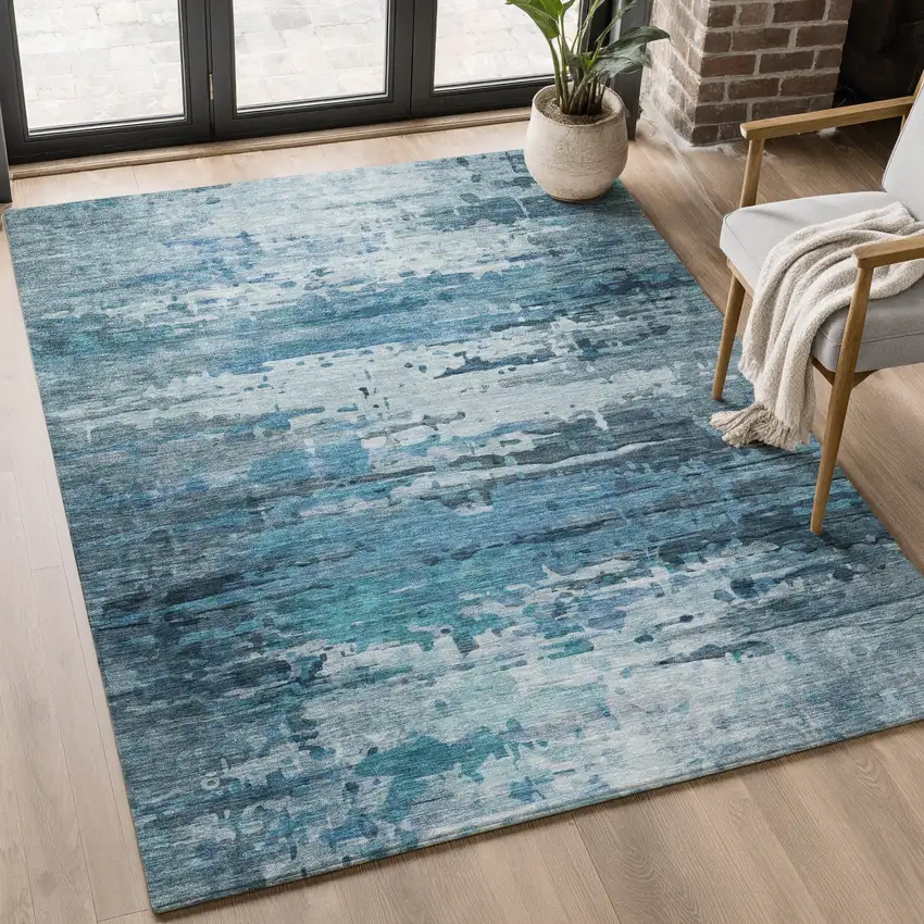 Blue And Gray Abstract Washable Area Rug With UV Protection Photo 5