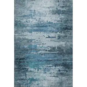 Photo of Blue And Gray Abstract Washable Area Rug With UV Protection