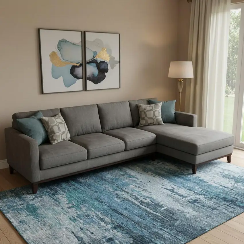 Blue And Gray Abstract Washable Area Rug With UV Protection Photo 2