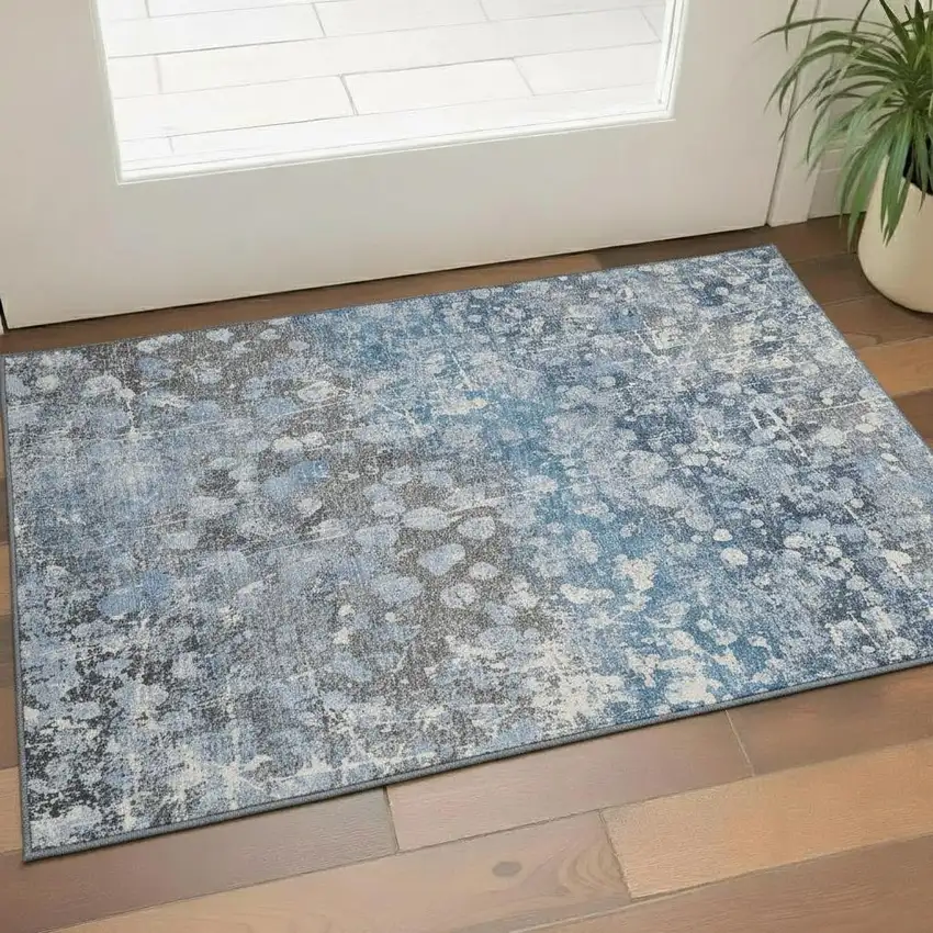 Blue And Gray Abstract Washable Area Rug With UV Protection Photo 2