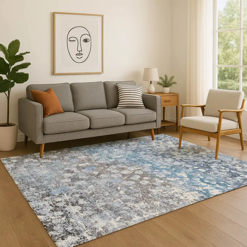 Blue And Gray Abstract Washable Area Rug With UV Protection Photo 5