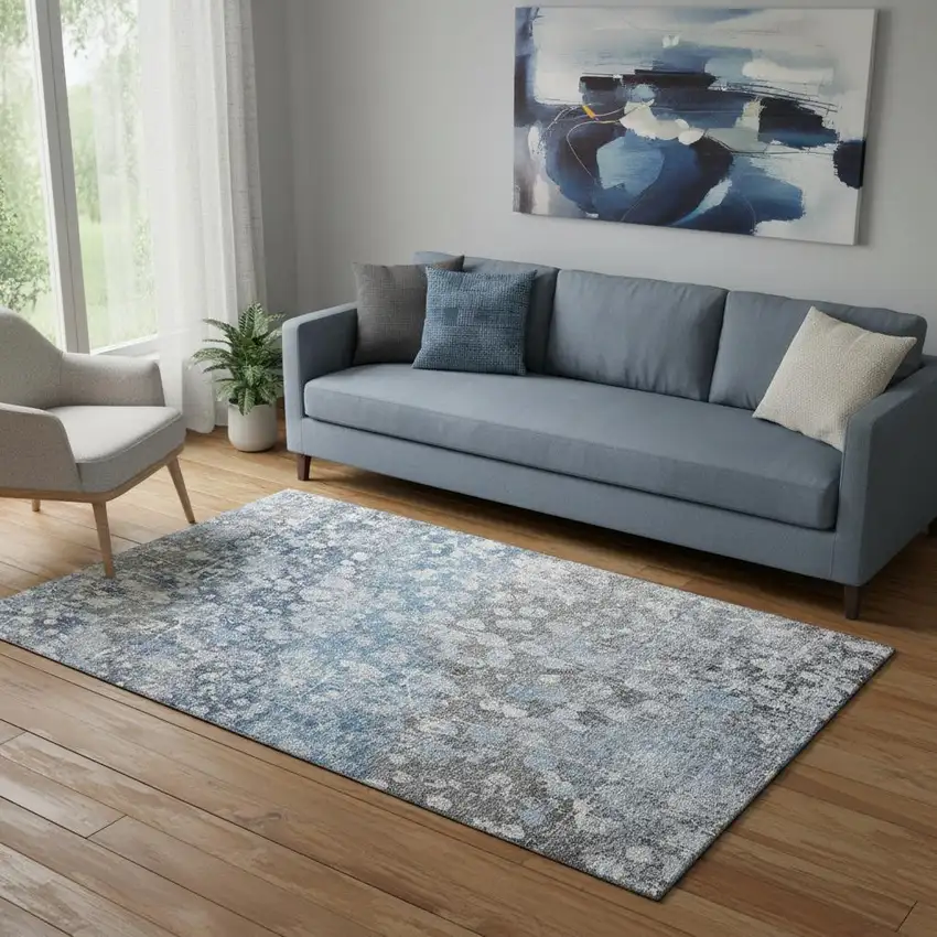 Blue And Gray Abstract Washable Area Rug With UV Protection Photo 2