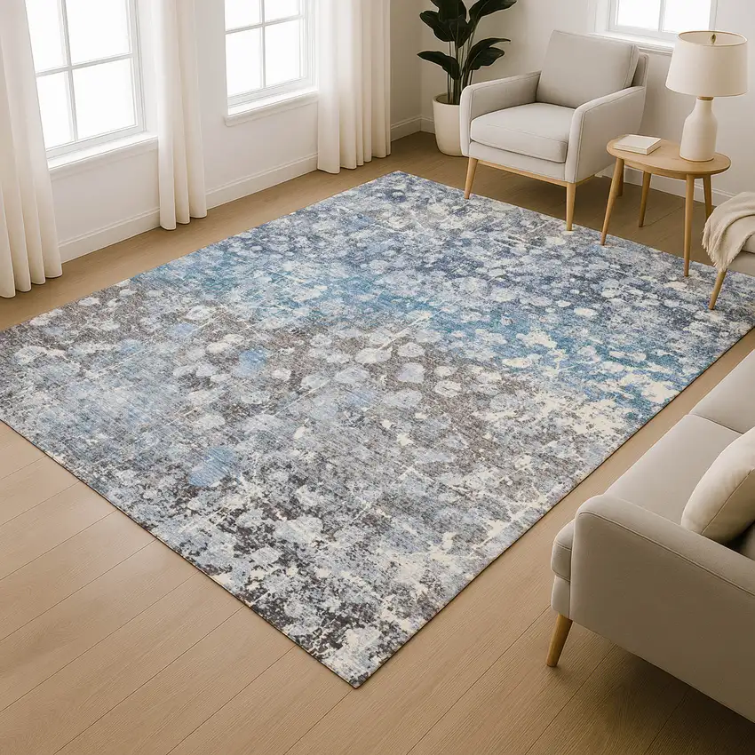 Blue And Gray Abstract Washable Area Rug With UV Protection Photo 6