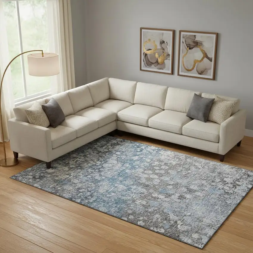 Blue And Gray Abstract Washable Area Rug With UV Protection Photo 2