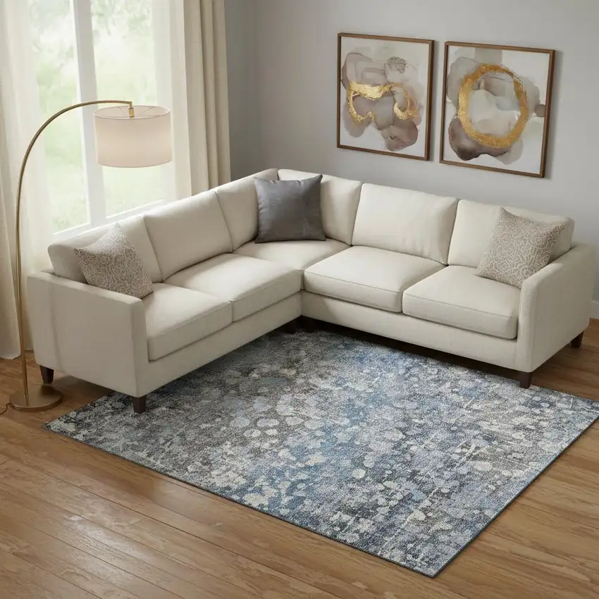 Blue And Gray Abstract Washable Area Rug With UV Protection Photo 2