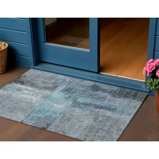 Blue And Gray Abstract Washable Indoor Outdoor Area Rug Photo 2