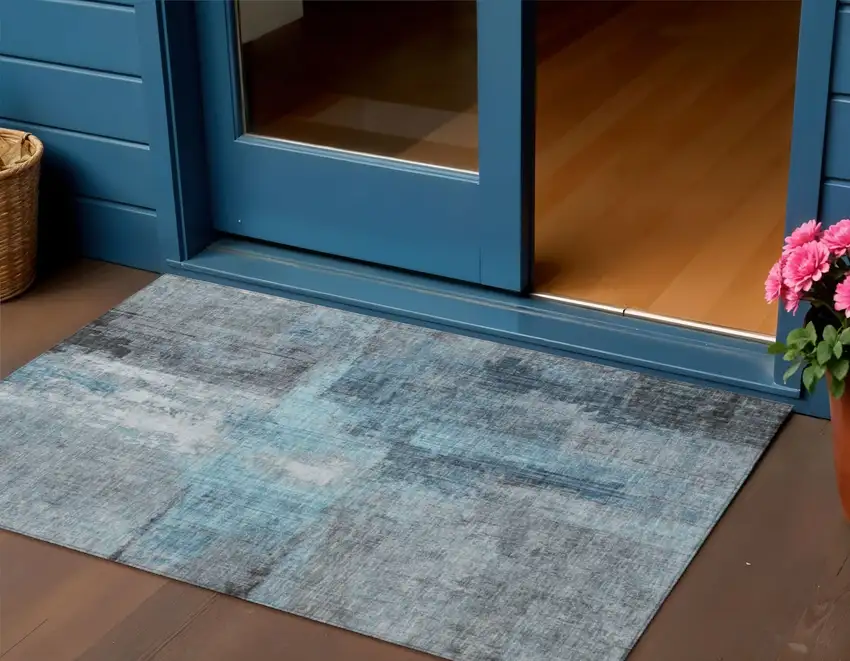 Blue And Gray Abstract Washable Indoor Outdoor Area Rug Photo 2