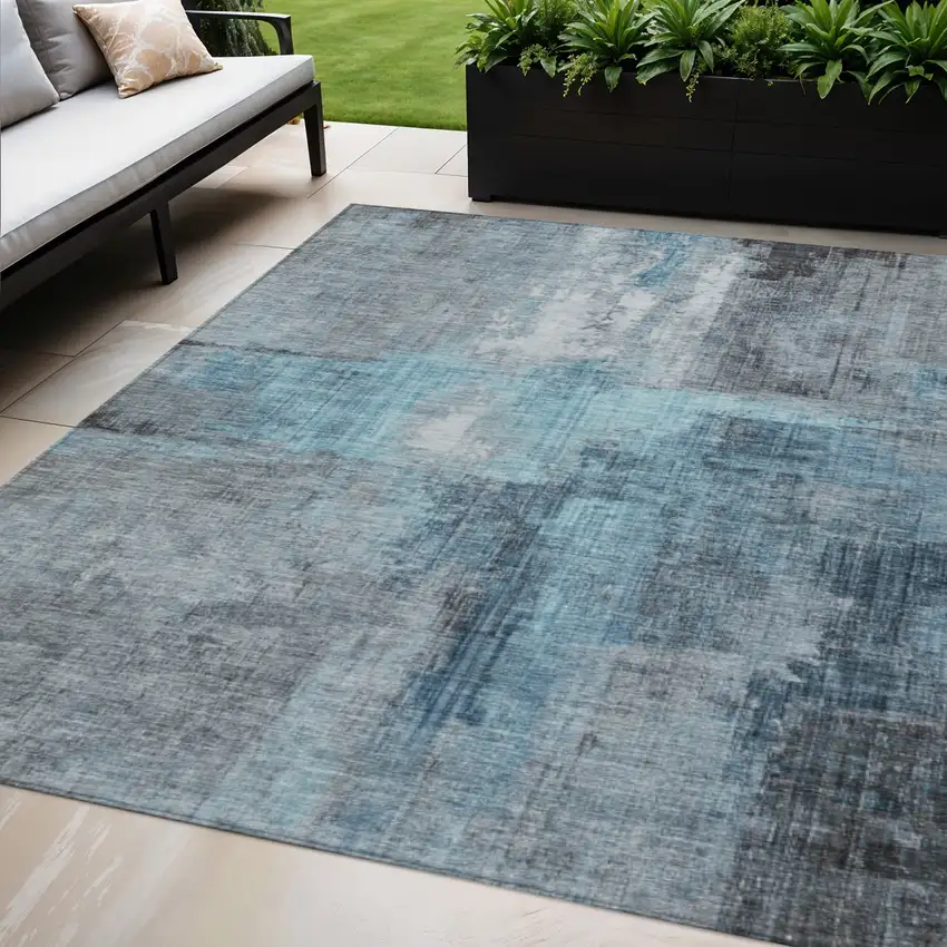 Blue And Gray Abstract Washable Indoor Outdoor Area Rug Photo 2