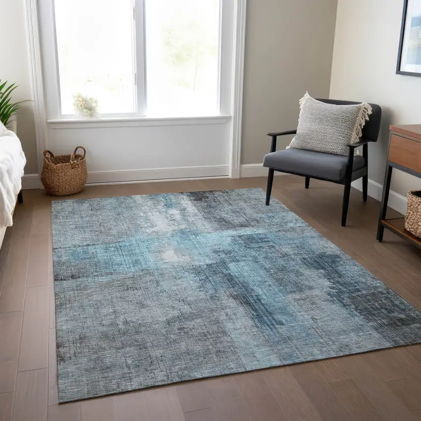Blue And Gray Abstract Washable Indoor Outdoor Area Rug Photo 7