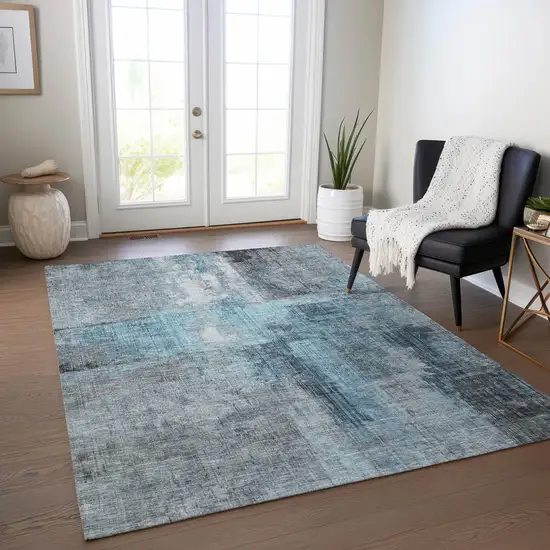 Blue And Gray Abstract Washable Indoor Outdoor Area Rug Photo 6