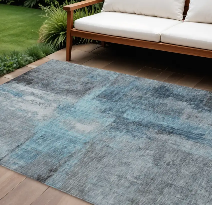 Blue And Gray Abstract Washable Indoor Outdoor Area Rug Photo 2