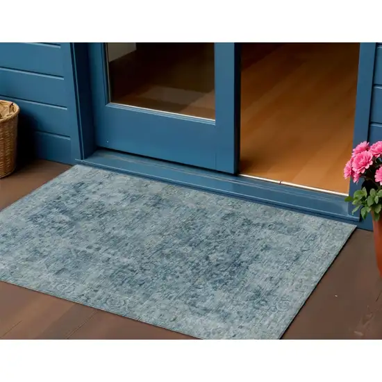 Blue And Gray Abstract Washable Indoor Outdoor Area Rug Photo 2