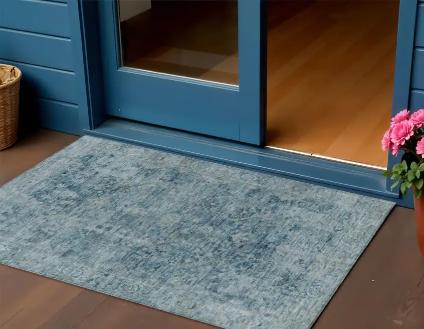 Blue And Gray Abstract Washable Indoor Outdoor Area Rug Photo 2