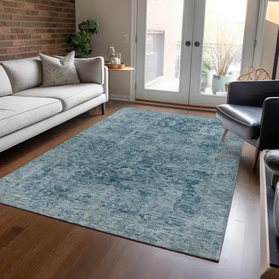 Blue And Gray Abstract Washable Indoor Outdoor Area Rug Photo 6