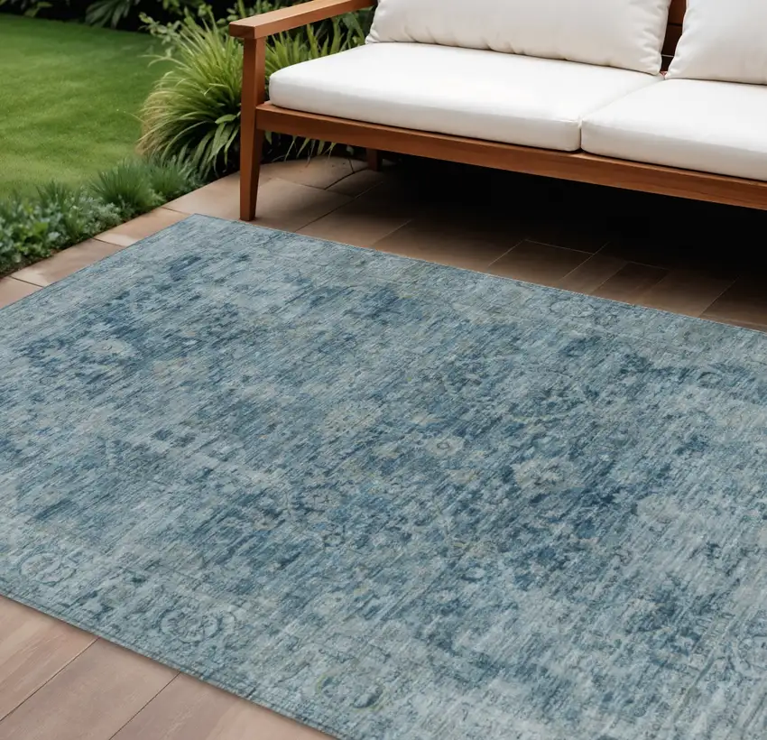 Blue And Gray Abstract Washable Indoor Outdoor Area Rug Photo 2