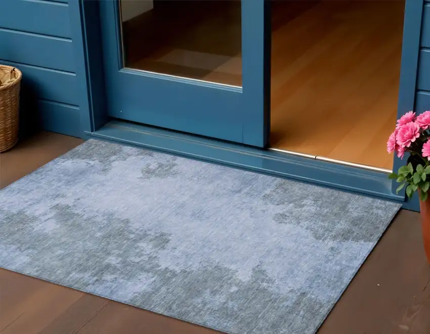 Blue And Gray Abstract Washable Indoor Outdoor Area Rug Photo 2