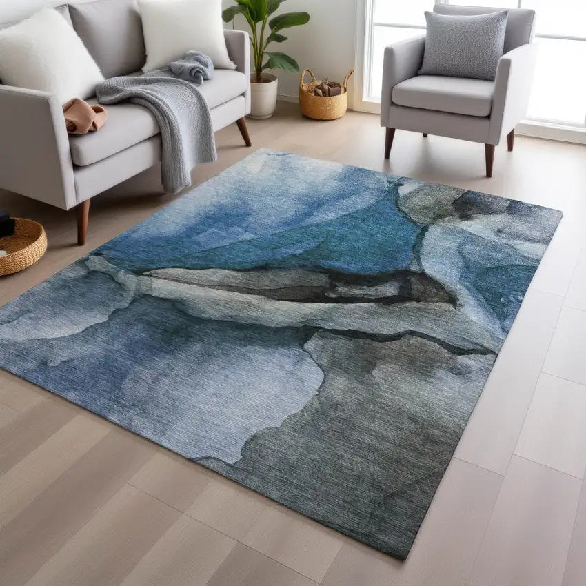 Blue And Gray Abstract Washable Indoor Outdoor Area Rug Photo 5