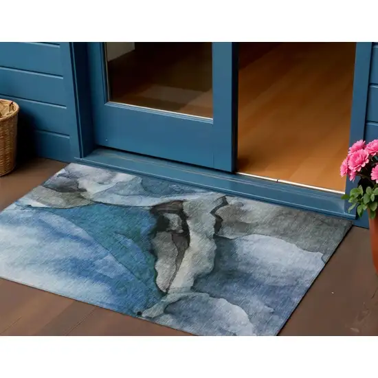 Blue And Gray Abstract Washable Indoor Outdoor Area Rug Photo 2